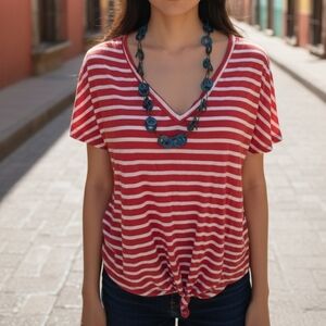 Double Zero Red and White Striped V-Neck Tee